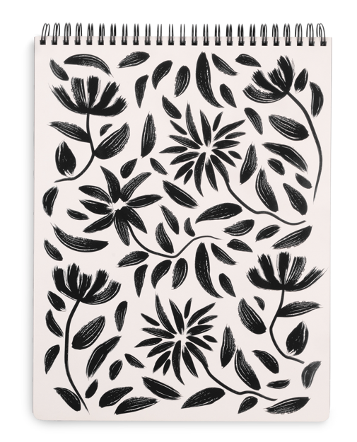 Large Top Spiral Notebook, Hand Drawn Black Floral