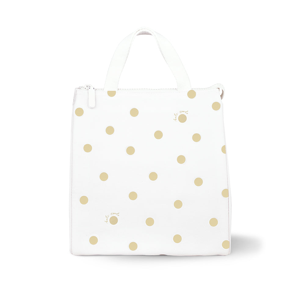 gold dot with script lunch bag